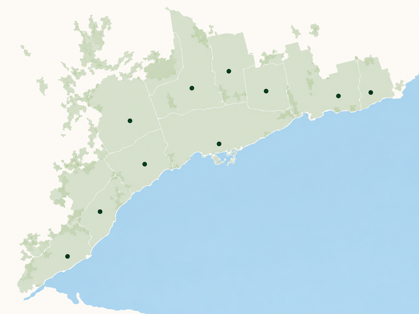 Service area map covering Toronto and selected GTA communities
